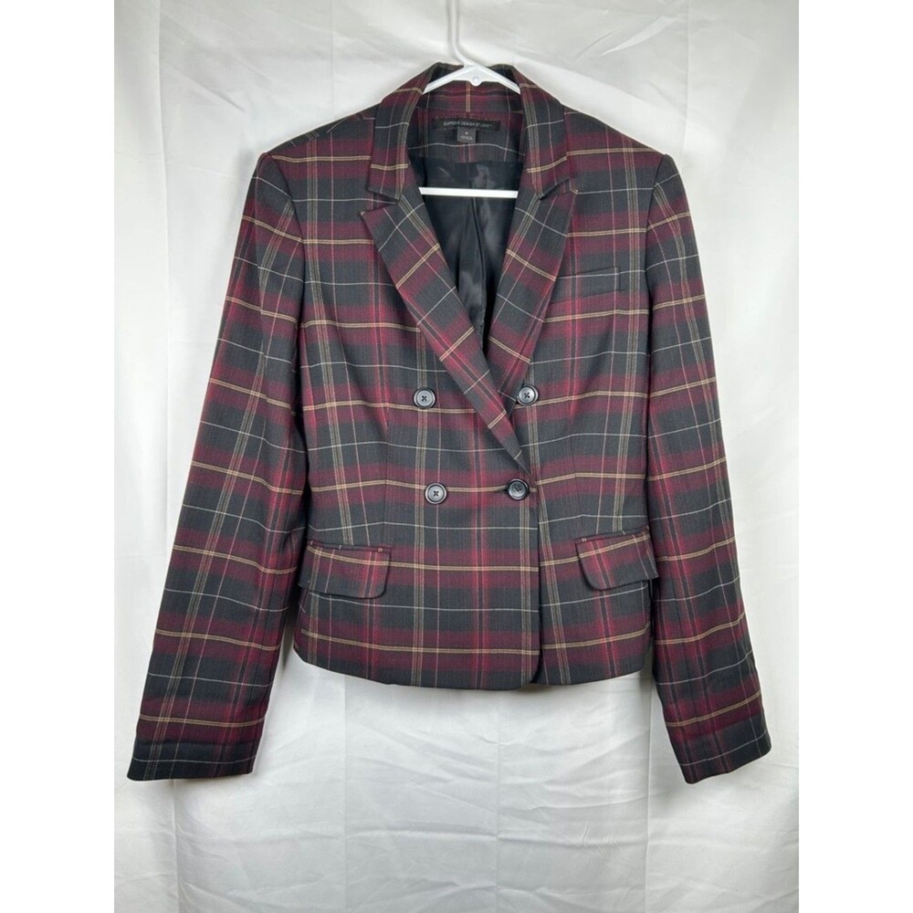 Express Design Studio Plaid Double Breasted Jacket Women’s 8 Burgundy Preppy